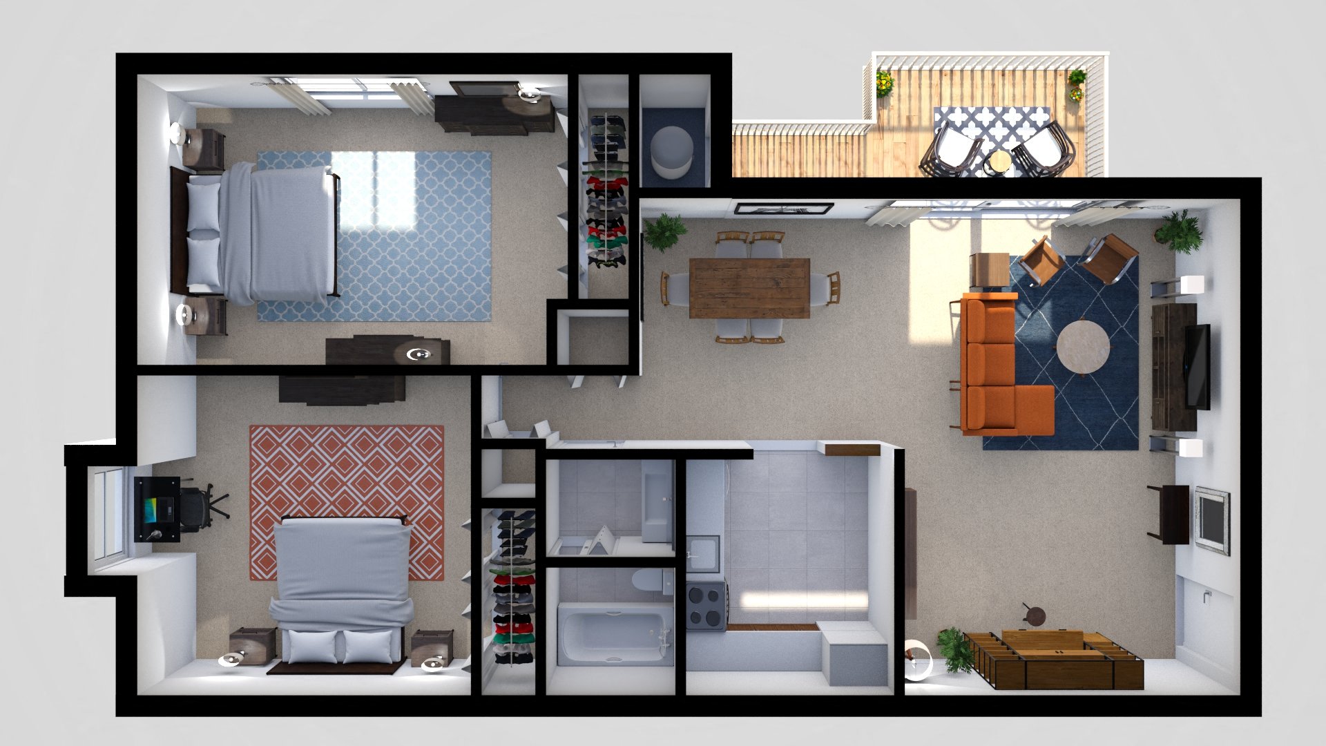 Floor plan for 2 beds, 1 bath, 960 sqft